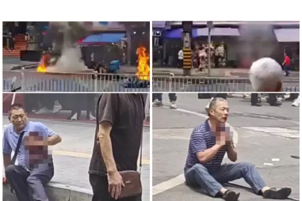 重庆一男子当街纵火砍人后割喉自杀 现场曝光