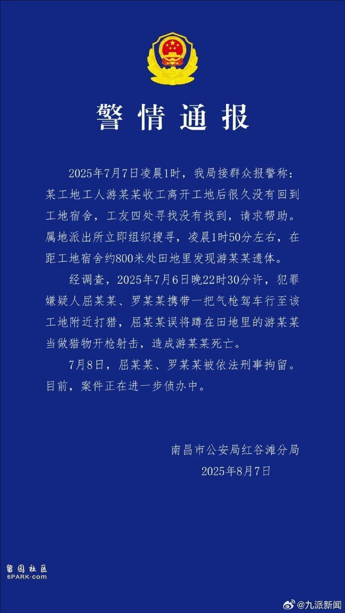 农民工在工地附近如厕被气枪击杀 警方通报