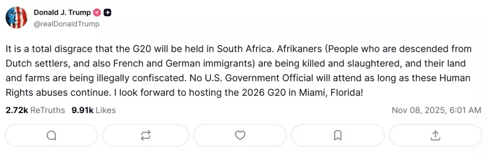 特朗普：南非对白人搞"屠杀"，G20峰会美国不去了