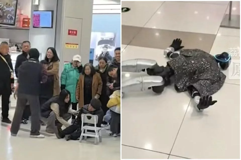 不敬老！中国机器人与老人“搏斗” 两败俱伤倒地